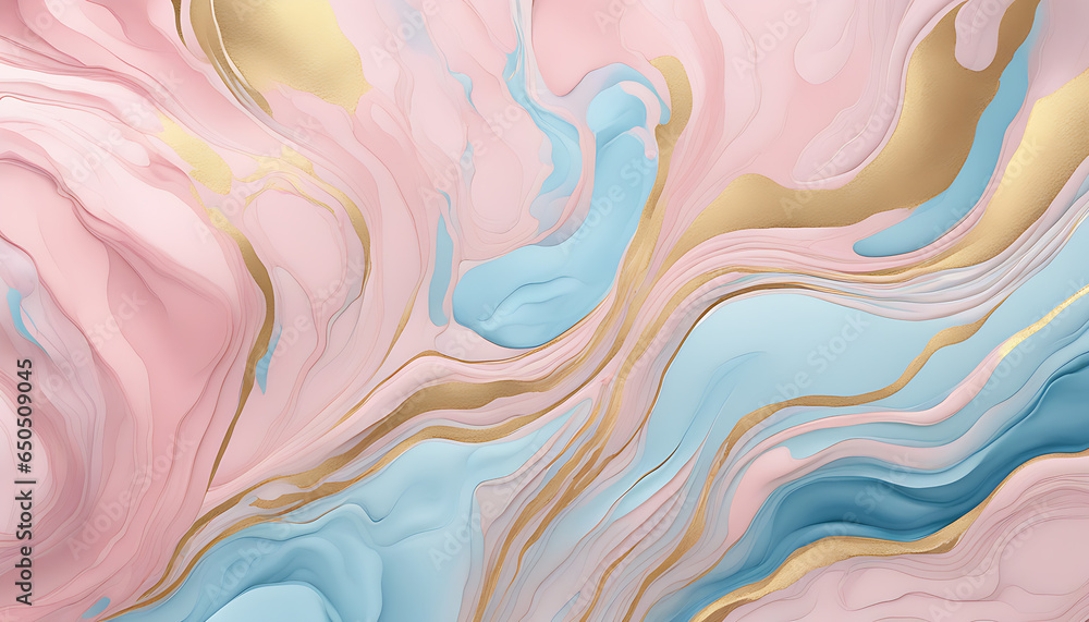 Abstract watercolor paint background illustration - Soft pink and blue marble background with gold accents lines, with liquid fluid marbled paper texture banner texture, (Generative Ai)