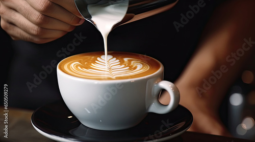 Barista making cappuccino pouring milk to prepare a cup of Latte art coffee created with Generative AI Technology