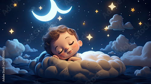 lullaby background with stars and moon cartoon baby boy sleeping with eyes closed in half moon clouds created with Generative AI Technology photo