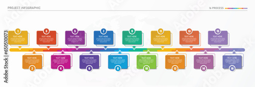Infographic process design with icons and 16 options or steps.