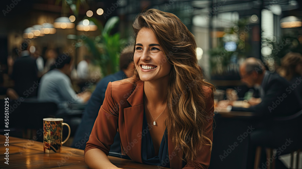 Beautiful smiling brunette female employee wearing business attire talking with her friend in bright Coworking office space Beautiful smiling brunette female employee wearing business attire talking with her friend in bright Coworking office space
