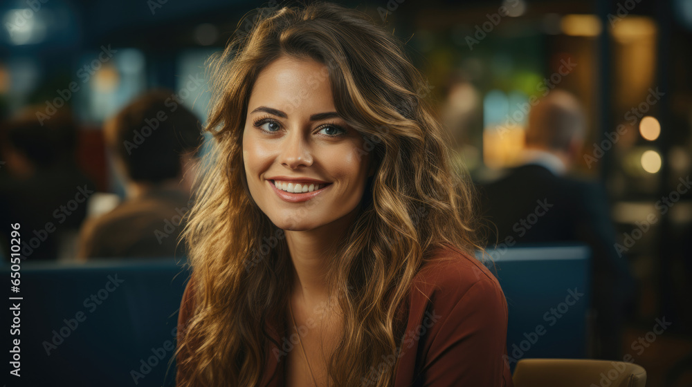 Beautiful smiling brunette female employee wearing business attire talking with her friend in bright co working space 