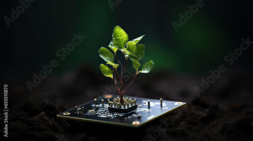 Small plant leaf shoots growing from an electronic microprocessor isolated dark background created with Generative AI Technology