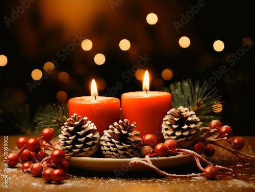 Christmas decoration with burning candles and fir cones on wooden table over red background