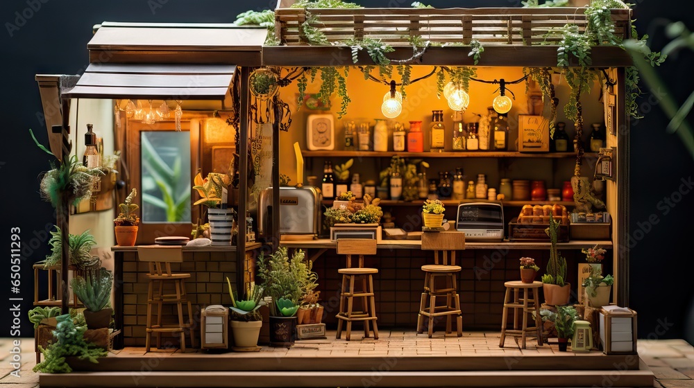 An intricately detailed diorama showcases a stylish café setting, highlighted by diverse plants and elements that enhance its aesthetic appeal. Generative AI.