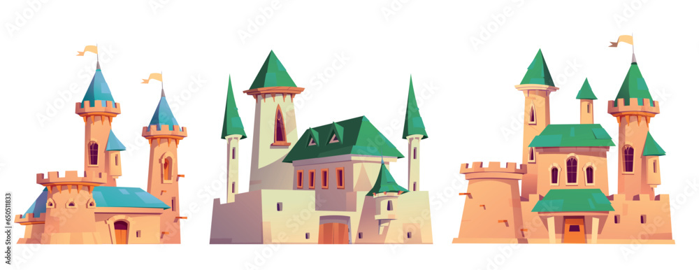 Cartoon set of medieval castles isolated on white background. Vector illustration of old royal palaces with green and blue roofs, towers with flags on top, gothic windows and gates, fairytale fortress