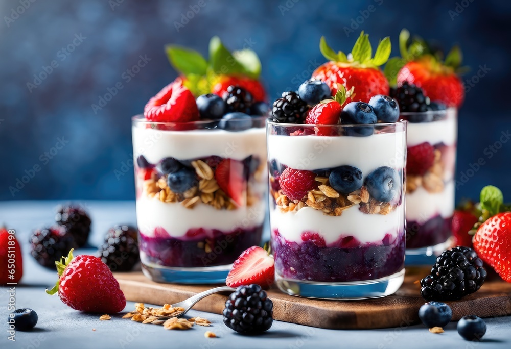 healthy fruit yogurt with layers of granola, blueberries, raspberries, strawberries, and blackberries healthy fruit yogurt with layers of granola, blueberries, raspberries, strawberries, and blackberries
