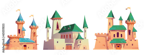 Cartoon set of medieval castles isolated on white background. Vector illustration of old royal palaces with green and blue roofs, towers with flags on top, gothic windows and gates, fairytale fortress