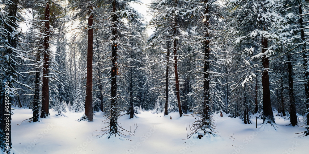 Fototapeta premium Full pine forest with snow background