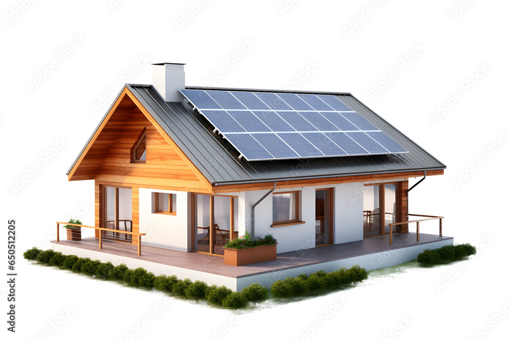 Eco house with sun solar panels energy on a roof, isolated on white and transparent background, ai generate Eco house with sun solar panels energy on a roof, isolated on white and transparent background, ai generate