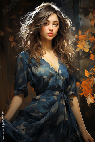 Forever Autumn: A Digital Portrait of a Woman in a Long Blue Dress with Flowing Hair. Generative AI