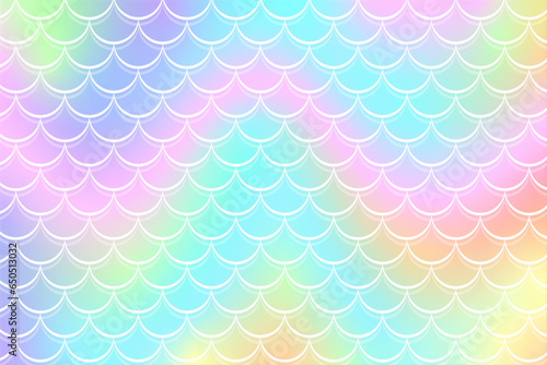 Mermaid rainbow background in fantasy style with scales. Unicorn holographic gradient texture. Sea fish kawaii vector backdrop.