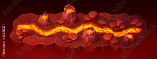 Game map with river of lava flowing among hot ground and craters with burning magma. Cartoon vector horizontal level interface with path to next stage. Platform with flaming liquid stream or road. photo