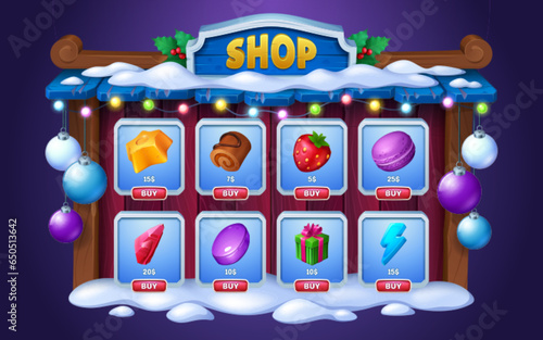 Christmas game shop for user interface design. Vector cartoon illustration of wooden frame with snow and garlands, sweets, chocolate dessert, strawberry, gift box, lightning bolt icons on shelves