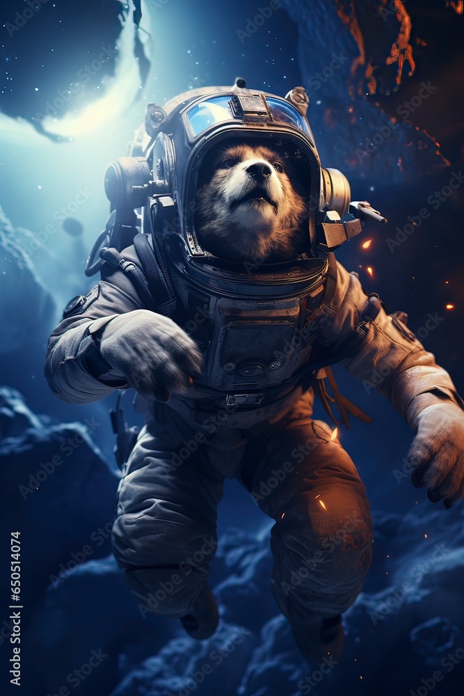 Fototapeta premium Portrait of a astronaut dog wearing space suit. Generative ai.