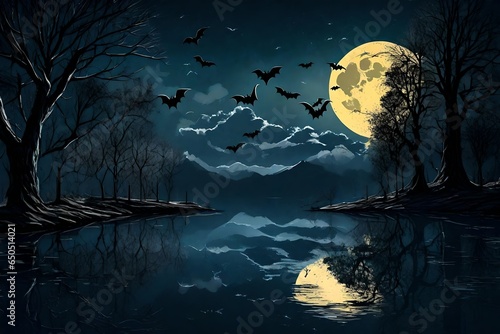 night landscape with moon and bats