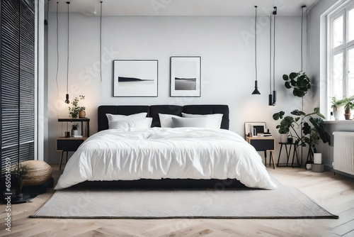 a minimalist Scandinavian bedroom with a stark black and white color scheme