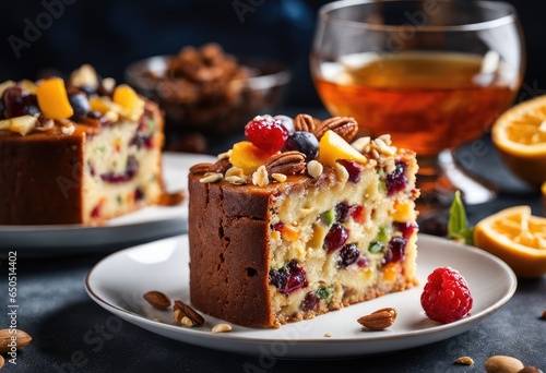 rich fruit cake with layers of butter cake batter, diced candied fruits, diced nuts, and brandy.