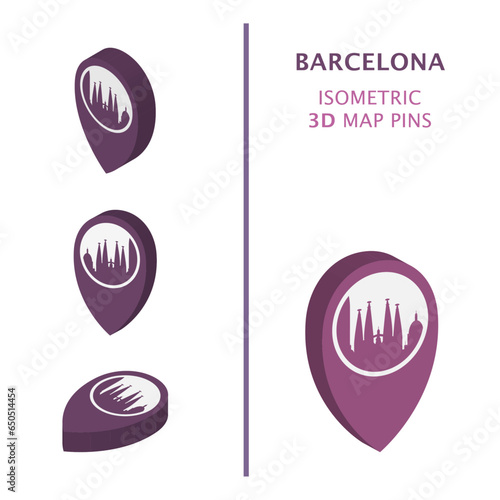 Spain Barcelona 3D vector logo set. Isometric map pin, geolocation pointer, modern skyline icon, concept, isolated graphic