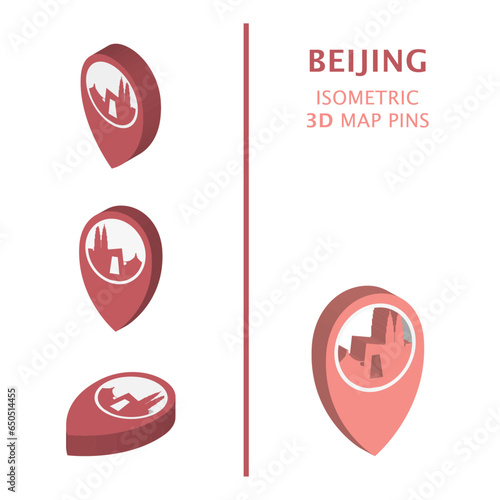 China Beijing 3D vector logo set. Isometric map pin, geolocation pointer, modern skyline icon, concept, isolated graphic