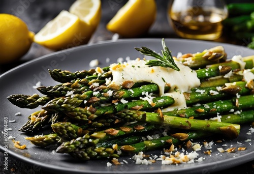 roasted asparagus dish with parmesan cheese and lemon zest. photo