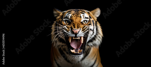 Tiger action face is angry and shows its fangs on a black background © chiew