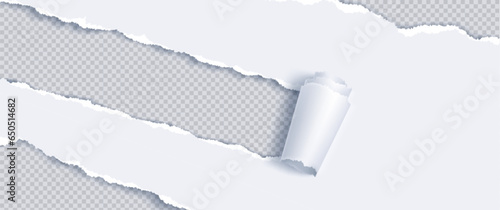Torn paper white edge txture with curl border background. Rip strip page isolated template design. Empty and broken sheet piece with shadow. Header canvas scratch concept to reveal transparent note