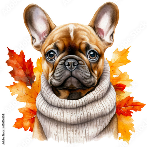 Cute french bulldog in Autumn Decorative, fall vibes seasonal french bulldog  wearing autumn scarf isolated on Transparent background © VeloonaP