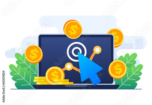 Pay Per Click internet advertising concept flat vector illustration, Online social media campaign, Display ads on website generating revenue for the publisher, Paid advertising campaign, PPC