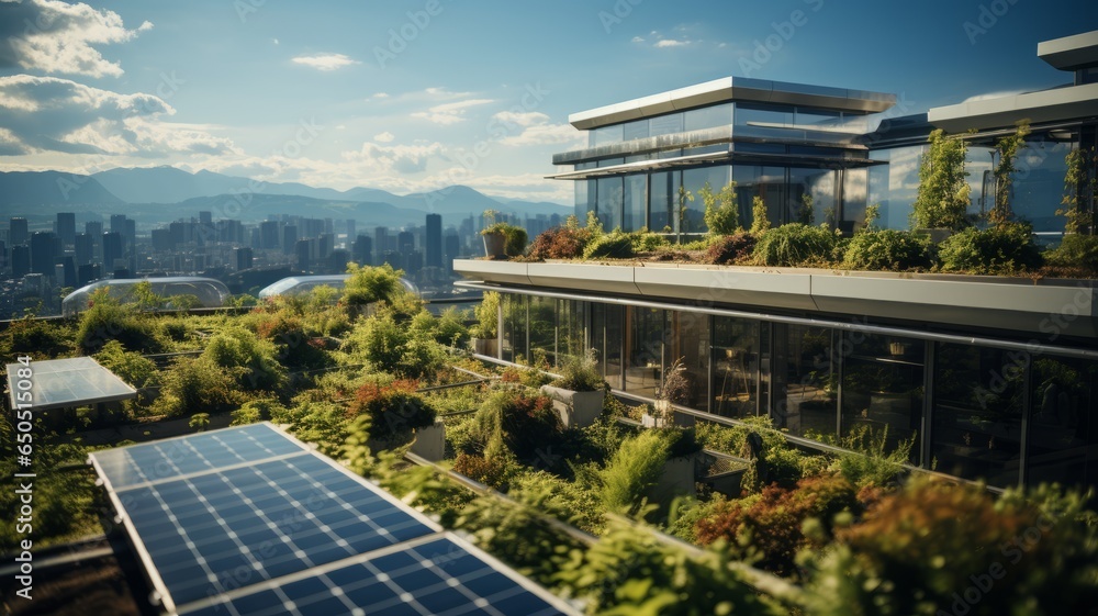 architecture with clean energy, solar panels, vegetation new sustainable architecture - obrazy, fototapety, plakaty 