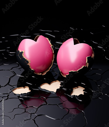 in the egg with broken hearts, in the style of black background, pinkcore photo