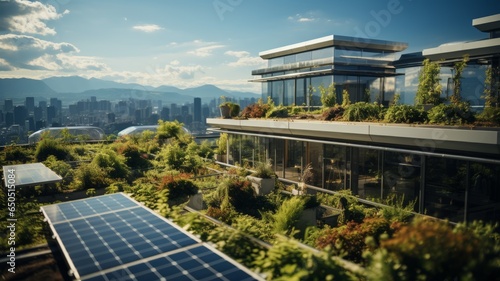 architecture with clean energy, solar panels, vegetation new sustainable architecture photo