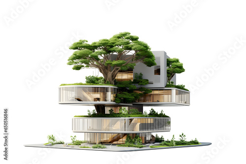 Corporate Modern building Eco-friendly with tree for reducing carbon dioxide. Office with green environment Sustainable idea concept. isolated on white and transparent background, ai generate photo