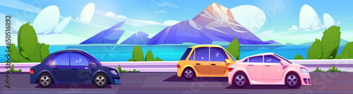 Cars driving on road along river or sea with mountains in horizon. Cartoon vector landscape with rocky hills, water pond and highway with automobiles. Skyline with three vehicles riding on roadway.