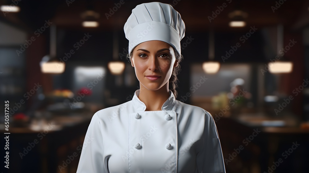 A skilled female chef, donning a refined chef's hat and uniform, exudes culinary expertise in her well-equipped kitchen, where gourmet creations come to life A skilled female chef, donning a refined chef's hat and uniform, exudes culinary expertise in her well-equipped kitchen, where gourmet creations come to life