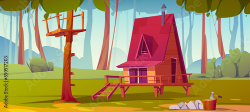 Wooden hut in summer forest. Vector cartoon illustration of glamping house on glade surrounded by green spring nature, axe and pile of stones near cottage, ladder on tall tree, travel game background