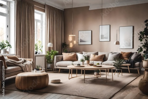 a cozy Scandinavian living room with warm neutral tones like beige and taupe