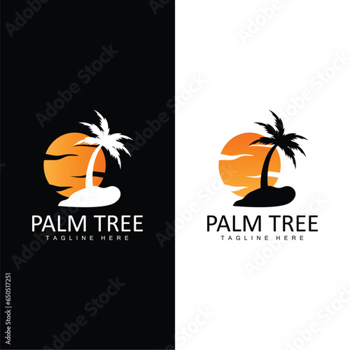 Coconut Tree Logo, Palm Tree Sunset Beach Vector, Elegant Minimalist Simple Design, Symbol Template Icon