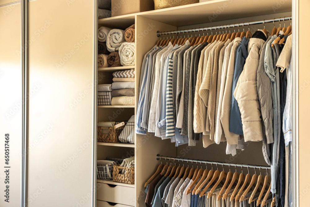 Large wardrobe closet with different clothes. The concept of storage and tidiness order. Large wardrobe closet with different clothes. The concept of storage and tidiness order.