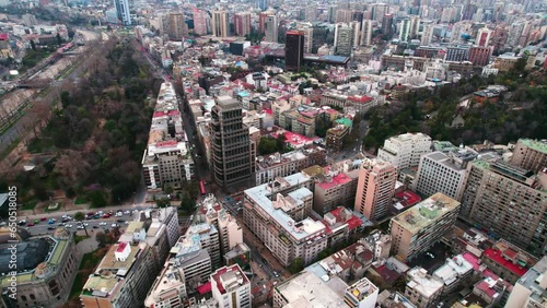 Flyover of the Lastarria and Bellas Artes neighborhoods with the Santa Lucia hill and the Forestal Park, Santiago Chile