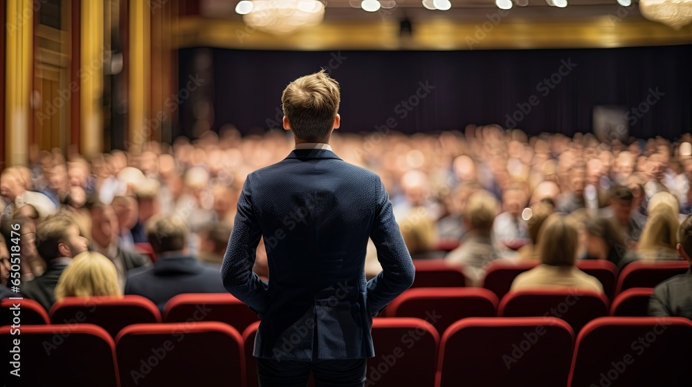 businessman standing hand rise asking question in midddel of seminar convention hall question request from businesman conference attending,ai generate - obrazy, fototapety, plakaty 
