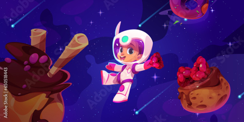 Cute kid astronaut flying in fantasy space with planets sweet baked dessert and holding raspberry. Cartoon vector happy smiling child boy cosmonaut in spacesuit and helmet floating in cosmos candyland