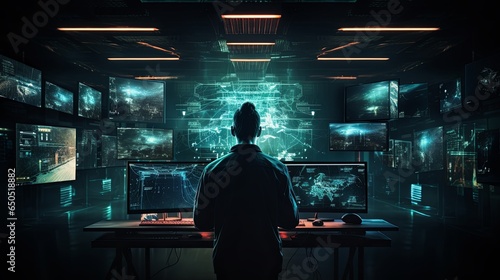 Hacker man data programer working on computers many monitors screen alone in dark room, rear view.