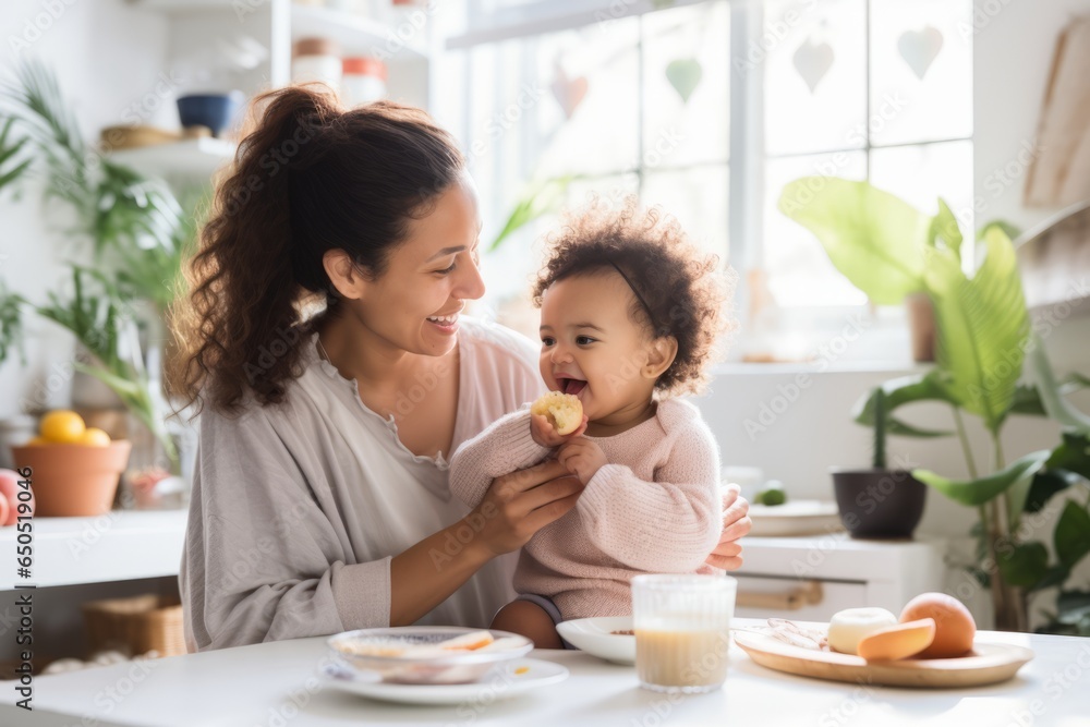 Cute young girl daughter sitting in the kitchen having breakfast with mom in the morning. Her mom is looking at her and smiling. There is food on the table. Cute young girl daughter sitting in the kitchen having breakfast with mom in the morning. Her mom is looking at her and smiling. There is food on the table.
