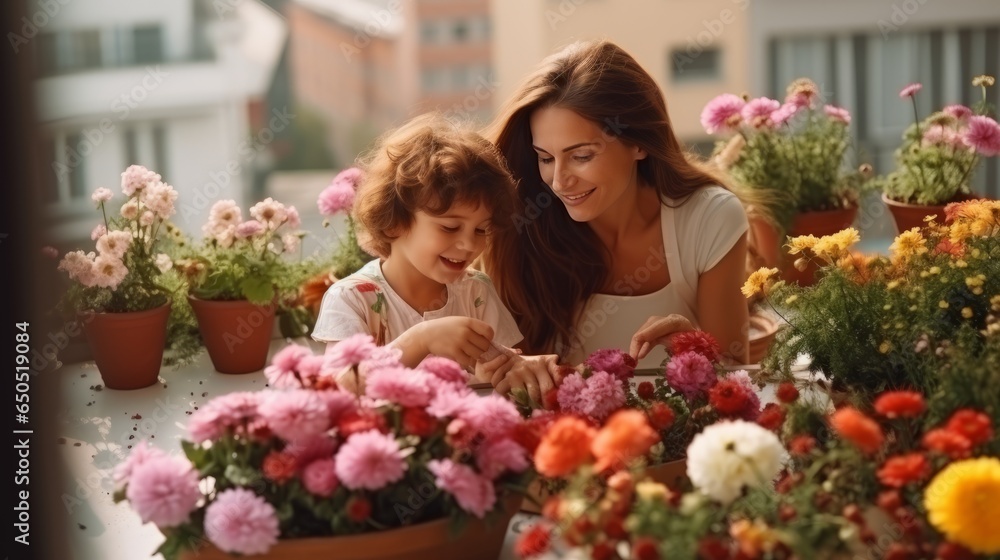 happiness cheerful family mother and daughter joyful looking at colorful flower at florist flower store beautiful day family spending time together