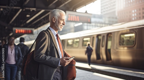 old senior businessman wear suit wating for train while reading news from paper or tablet he is standing on train station paltform daytime transportation concept photo