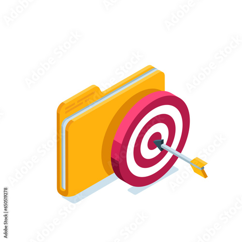 isometric folder and a target with an arrow, in color on a white background, achieving success or successfully executing a plan