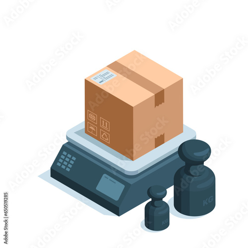 isometric box on electronic scales and weight, in color on a white background, weight of a parcel or product