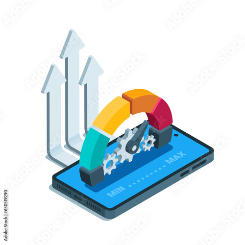 isometric scale with gears on the smartphone screen and up arrows, in color on a white background, minimum and maximum level