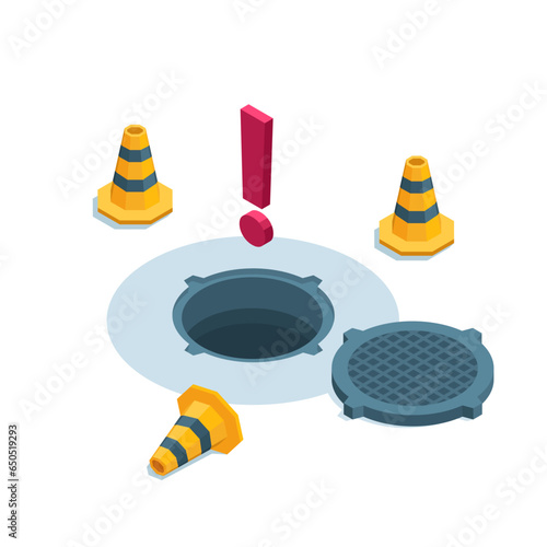isometric open hatch with restrictive cones and exclamation mark, in color on a white background, danger warning or be careful